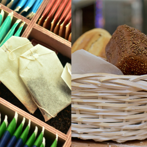 how to declutter kitchen counters -tea bag tray and snack basket.