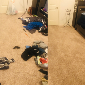 How to Clean a messy Bedroom - picture of carpet floor before and after picking up clutter