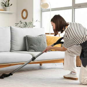 overlooked spots to declutter and clean -a woman vacuuming Under sofa